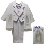 BOYS TUXEDO W/ BROCADED VEST & SCARF AND VIRGIN ON THE BACK (WHT/SILVER)
